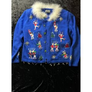 Vintage Berek Blue Ramie Blend Cardigan Sweater Fur Collar Winter Embroider